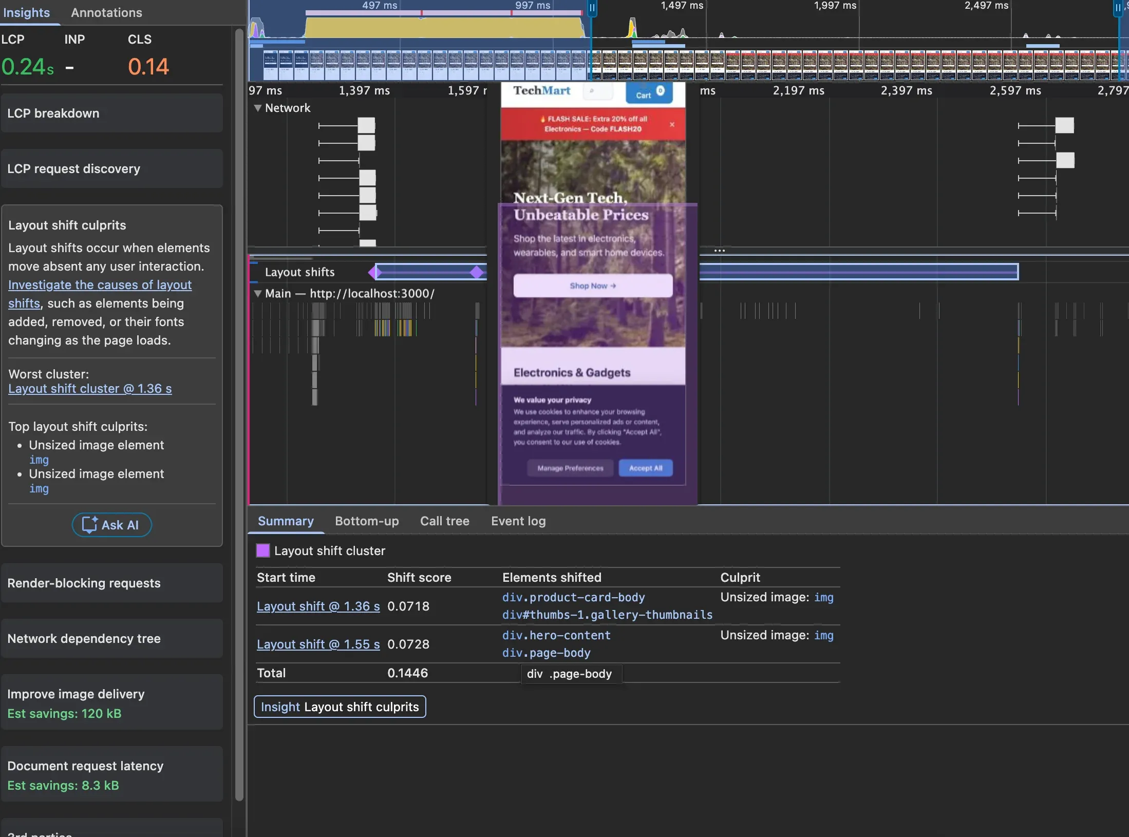 Performance tab with Layout shift culprits panel showing shifted elements
