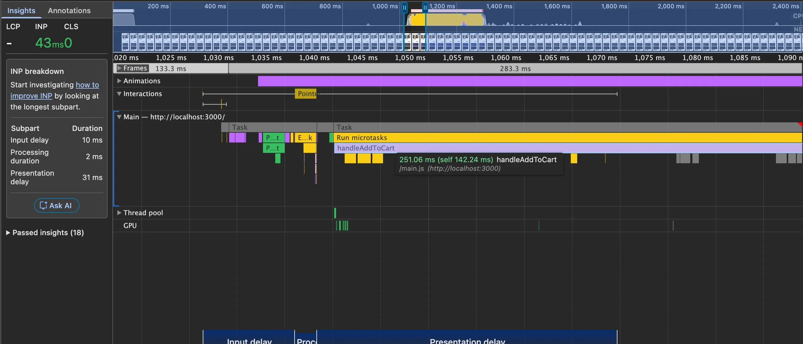 Performance tab after fix showing INP improved to 43ms