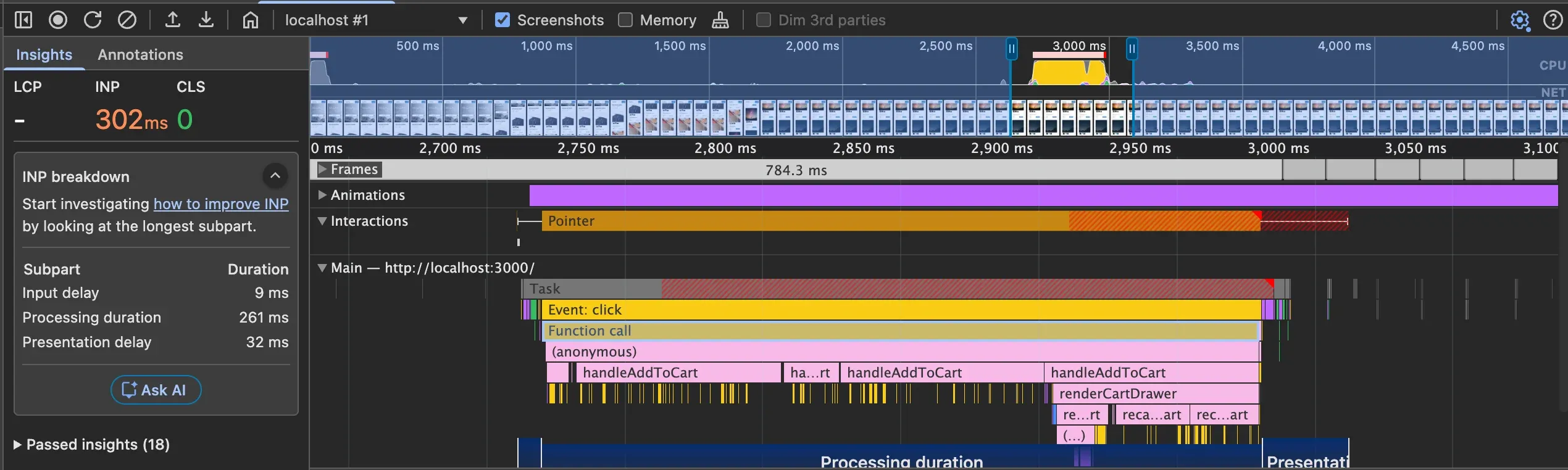 Performance tab recording of Add to Cart click showing long processing duration