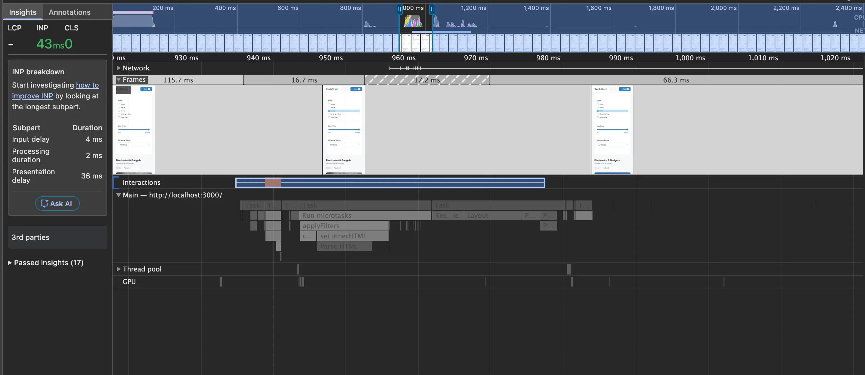 Performance tab after fix showing processing duration of 2ms