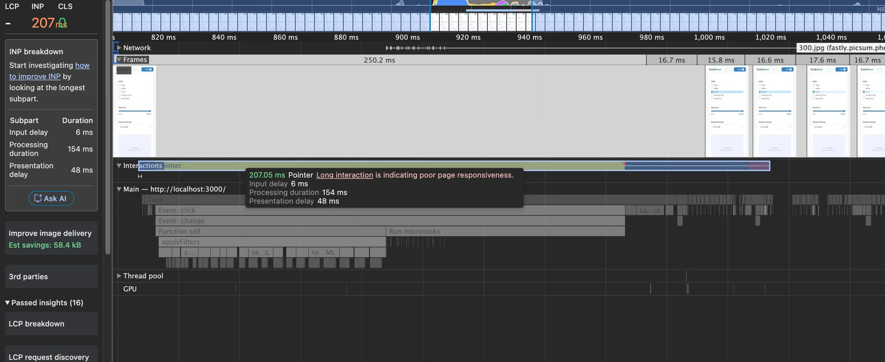 Performance tab recording of filter click showing 207ms INP