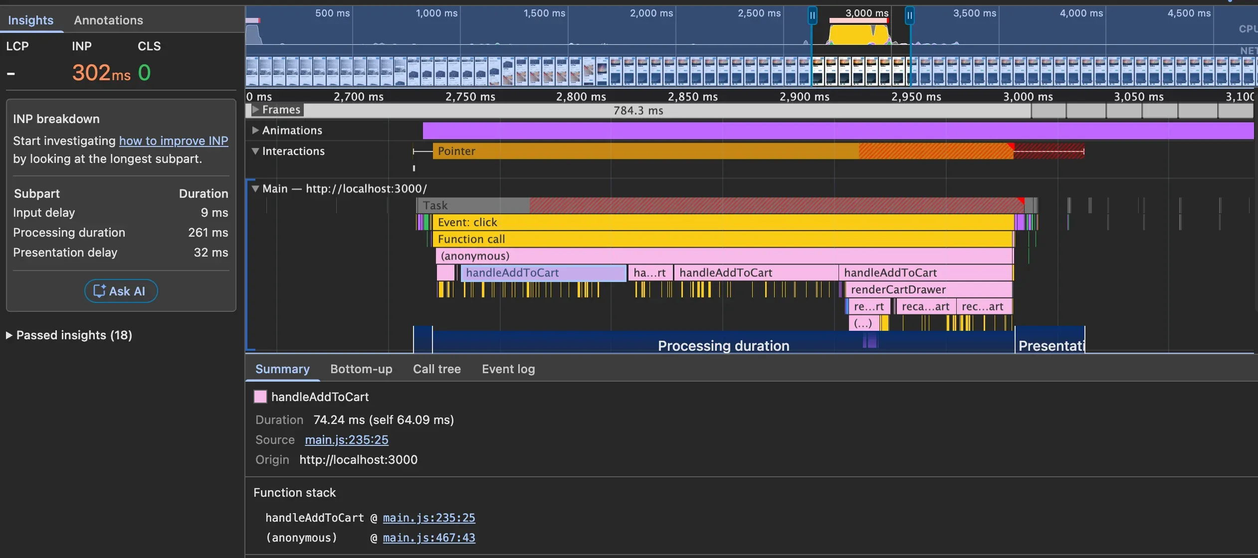Call tree in performance tab highlighting handleAddToCart as the slow function