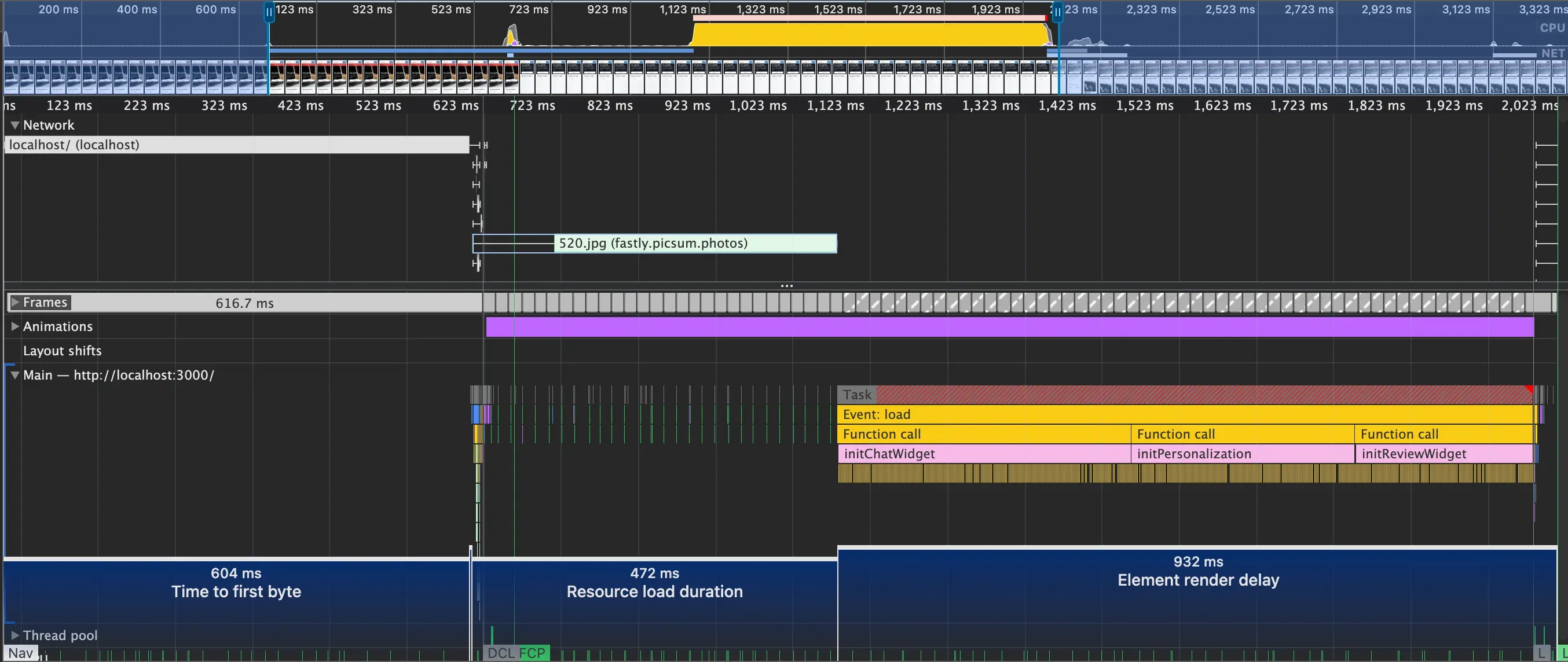 Performance tab showing that after removing heavy loops, other scripts are blocking