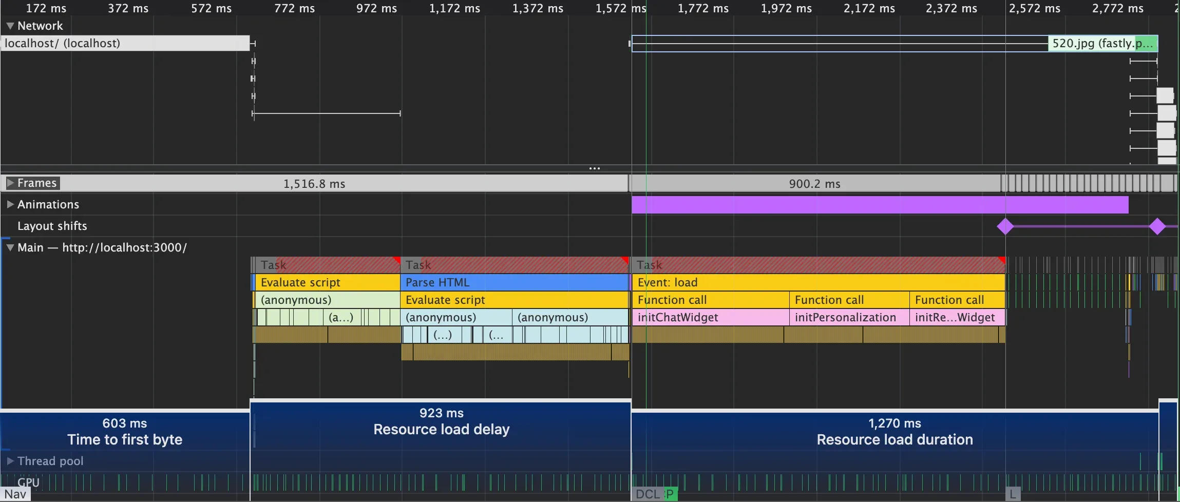 Performance tab showing initial timeline with many tasks before LCP